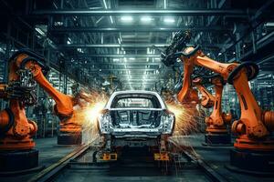 Robotic arms in a car plant at line  factory , Generative AI . photo