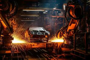 Robotic arms in a car plant at line  factory , Generative AI . photo