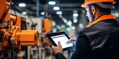 Engineer hand using tablet with machine real time monitoring system software ,  Generative AI . photo