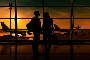 Silhouette of couple , international air travel ,Generative AI photo