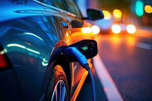 EV electric cars charging at a public charging station, Generative AI . photo