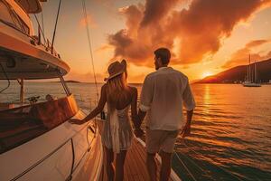 Couple travel adventures on luxury yacht at sunset  , Generative AI photo