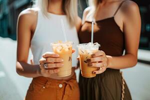 Happy female friends with ice coffee on city street ,Generative AI photo