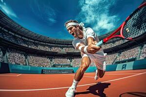 Tennis close up young man in action on the stadium ,Generative AI. photo