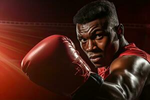 Boxing african young man in action on the stadium ,Generative AI. photo