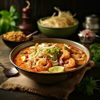 Penang assam laksa  Malaysia food ,top view,rustic style background, copy space,Generative AI. photo