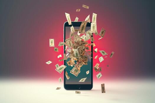 dólar dinero volviendo espalda desde oscuro moderno teléfono inteligente en ligero fondo, 3d renderizado, copia espacio, generativo ai foto