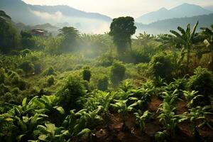 café plantaciones de sur America con un horizonte con montañas en el antecedentes ,generativo ai foto