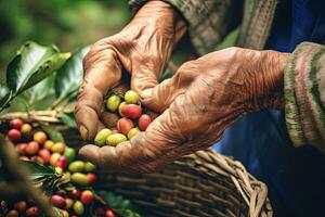 Close up hand Old man picking coffee from a coffee plantation in South America ,Generative AI photo