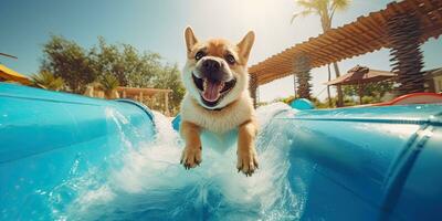 el contento perro montando en el diapositiva en el agua parque,generativo ai. foto