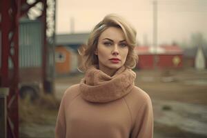 Russia woman in 1960s, short , country site ,background , Generative AI photo