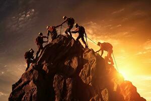 Teamwork climbing helping on top of cliff at sunset ,Generative AI photo