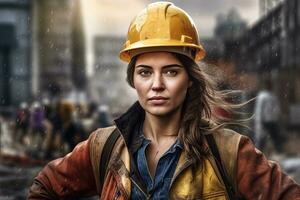 A female worker on the background of the construction site,Generative AI . photo