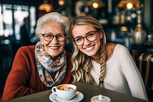 Smiling senior mother and daughter on coffee at cafe ,Generative AI photo