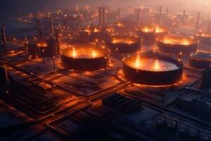 Glow light of petrochemical Oil Tank industry ,Generative AI . photo