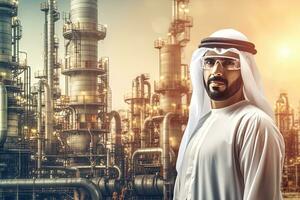 Muslim Arab businessman with an oil pump, oil refinery plant in the background ,Generative AI . photo