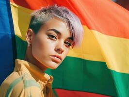 hermosa lesbiana modelo y un arco iris bandera a gay orgullo, lgbtq colores bandera. amar, libertad, apoyo ,bandera fuerte orgullo mes, creado con generativo ai foto
