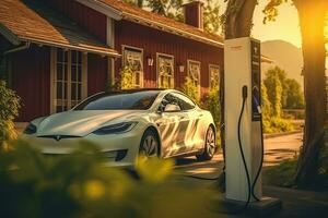 EV electric cars charging at a public charging station, Generative AI . photo