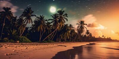 Beautiful beach banner. White sand and coco palms travel tourism  ,sunset Generative AI photo