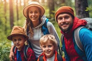 activo familia excursionismo y trekking en un naturaleza sendero , generativo ai foto