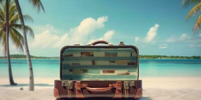 Open suitcase on tropical beach background ,Generative AI photo