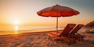 The beach chaise lounge and umbrella on sand sunset ,Generative AI photo