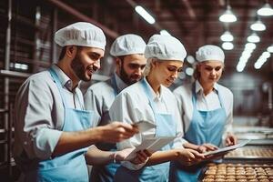 Workers team packing chocolates on production line in chocolate factory ,Generative AI . photo