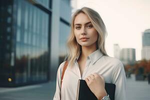 A beautiful young busineswoman with notebook ,tall building background ,Generative AI. photo