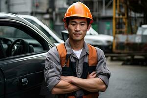 A man japan in his 30s that is wearing a industry car vest and hard hat against a factory car background , Generative AI . photo