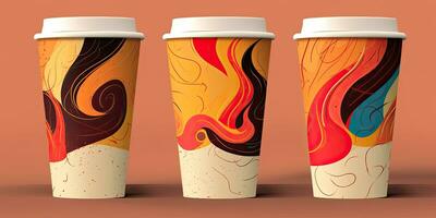 Set of disposable coffee cups with abstract drawing. Coffee to go or take away coffee concept.  ,Generative AI photo