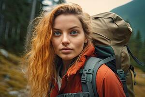 Young woman hiking and going camping in nature .Generative AI . photo