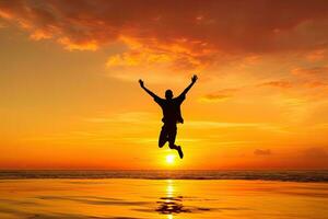 A man jumping on the beach at sunset, silhouettes of happy man on successful ,Generative AI photo