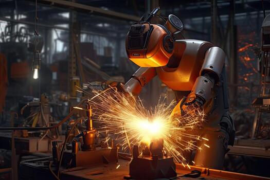 A robot while doing a welding with arc welder ,Generative AI . photo
