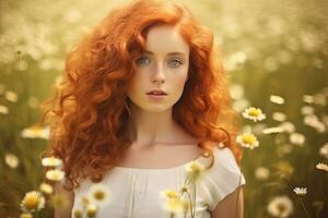 Beautiful young girl with red hair in chamomile flowers in field. Generative AI photo