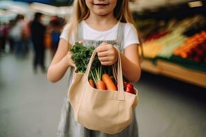 Close up hand young woman hand holding a reusable shopping bag with vegetables in the background at a local farmer market  ,Generative AI photo