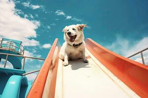 el contento perro montando en el diapositiva en el agua parque,generativo ai. foto