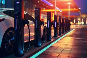 EV electric cars charging at a public charging station, Generative AI . photo