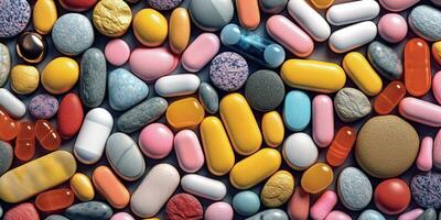 Collection of colorful pills , copy space ,Generative AI. photo