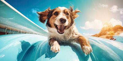 el contento perro montando en el diapositiva en el agua parque,generativo ai. foto