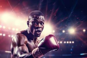 Boxing african young man in action on the stadium ,Generative AI. photo