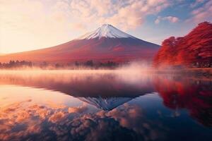 Mountain Fuji with morning fog and red leaves at lake Kawaguchiko is one of the best places in Japan ,Generative AI photo