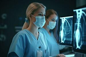 Two docter women medical doctors looking at x-rays in a hospital, Generative AI. photo