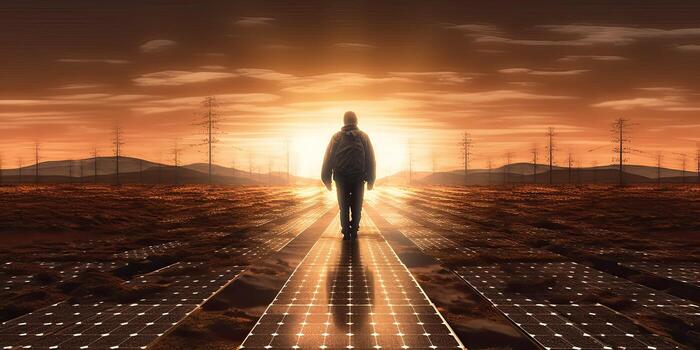 A worker walks through a solar field with the solar panels cover in sunset .  Generative AI . photo
