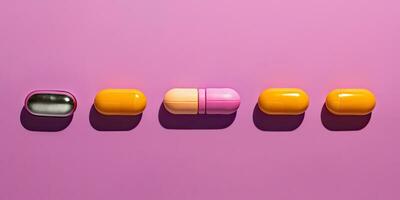 Collection of colorful pills , copy space ,Generative AI. photo