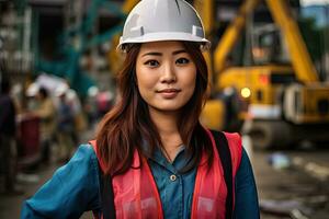 joven Japón mujer construcción ingeniero trabajando a el edificio sitio sitio antecedentes generativo ai . foto