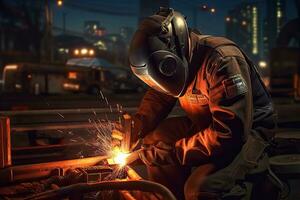 A worker while doing a welding with arc welder power plant  at factory ,Generative AI . photo