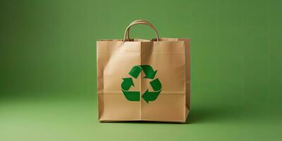 Paper bag with recycling symbol on green background with copy space ,Generative AI photo