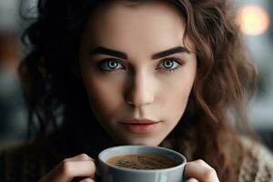 un mujer Bebiendo café en hogar , generativo ai foto
