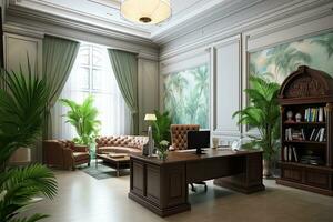 Classic office ,interior with plant. 3D,Generative AI. photo