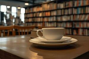 Cup of coffee while at book store  ,Generative AI photo